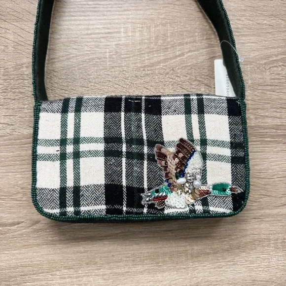 Anthropologie The Fiona Beaded Shoulder Bag Animal Edition Duck Plaid Green - Picture 7 of 13